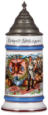 Porcelain stein, .5L, transfer & hand-painted, Occupational Metzger [Butcher], pewter lid has tear, body mint.