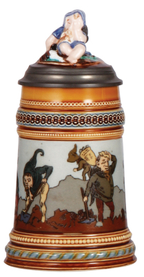 Mettlach stein, .5L, 1475, etched, inlaid lid, new replacement inlay, body mint.