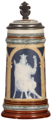 Mettlach stein, .5L, 2130, cameo, inlaid lid, small chip on upper rim covered by lid. 