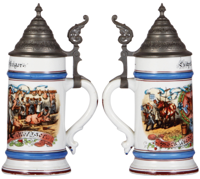 Porcelain stein, .5L, transfer & hand-painted, Occupational Metzger [Butcher], pewter lid has tear, body mint. - 2