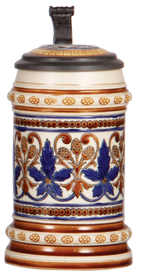 Mettlach stein, .5L, 1155, mosaic, inlaid lid, .5" chip on underside of base. 