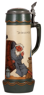 Mettlach stein, 3.0L, 16.7" ht., 3099, etched, by H. Schlitt, inlaid lid, small base flake, otherwise mint.