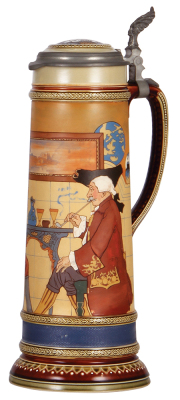 Mettlach stein, 2.5L, 2751, etched, by H. Schlitt, inlaid lid, shallow 1" base chip. 