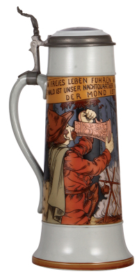 Mettlach stein, 2.8L, 2921, etched, inlaid lid, crack on bottom of handle. 