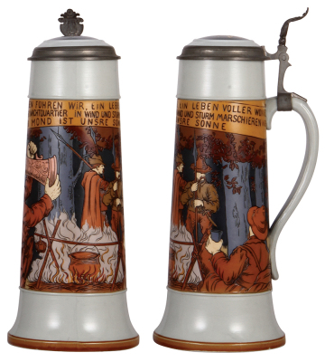 Mettlach stein, 2.8L, 2921, etched, inlaid lid, crack on bottom of handle.  - 2