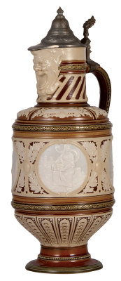 Mettlach stein, 3.5L, 17.4" ht., 2364, relief, by Stahl, original pewter lid, base break glued, small chips & popped blisters.