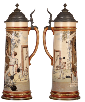 Mettlach stein, 4.2L, 19.7" ht., 1027 [2262], PUG, pewter lid, deteriorating repair to body cracks & chips. - 2