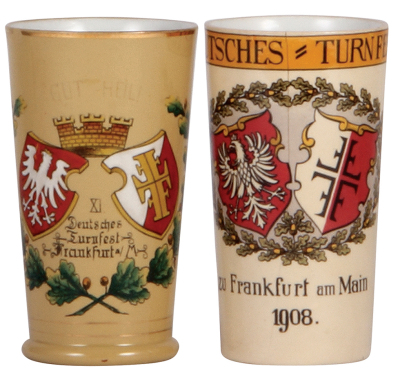 Two Mettlach beakers, .25L, 2368, hand-painted, XI. Deutsches Turnfest, Frankfurt, .3" rim chip, with, .25L, 2327, PUG, 11. Deutsches Turnfest, 1908, long crack. 