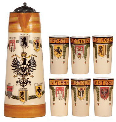 Mettlach stein set, 3.2L, 15.4" ht., 1200 [2893], PUG, mint. with, six beakers, .25L, 1200 [2327], PUG, Dresden, München, Hamburg, Frankfurt, Stuttgart and Hannover, Dresden has flakes, otherwise all mint. 