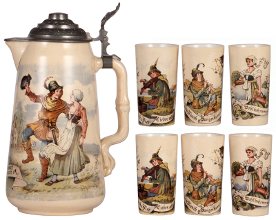 Mettlach stein set, 3.3L, 13.5" ht., 1022 [2348]. PUG, pewter lid, mint, with six, beakers, .25L, 1023 [2327], 1024 [2327], 1025 [2327], two each, one 1023 & one 1025 have small top rim chips, others mint. 