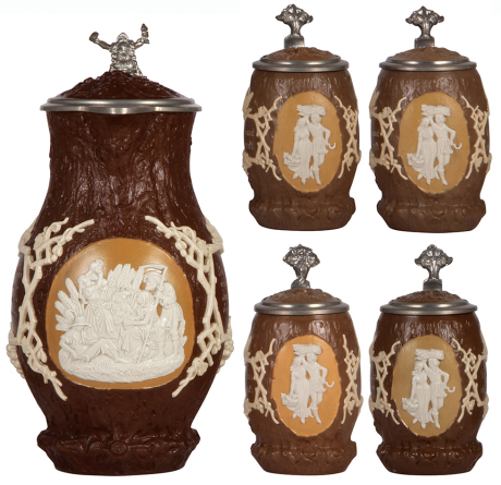 Mettlach stein set, 4.0L, 14.2" ht., 1028, relief, inlaid lid, large gnome thumblift; with, four, .5L, 1028, relief, inlaid lids, one has hairline, all others mint. 