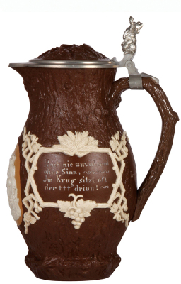 Mettlach stein set, 4.0L, 14.2" ht., 1028, relief, inlaid lid, large gnome thumblift; with, four, .5L, 1028, relief, inlaid lids, one has hairline, all others mint.  - 2