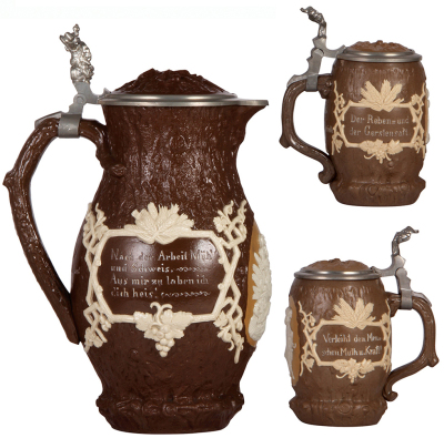 Mettlach stein set, 4.0L, 14.2" ht., 1028, relief, inlaid lid, large gnome thumblift; with, four, .5L, 1028, relief, inlaid lids, one has hairline, all others mint.  - 3