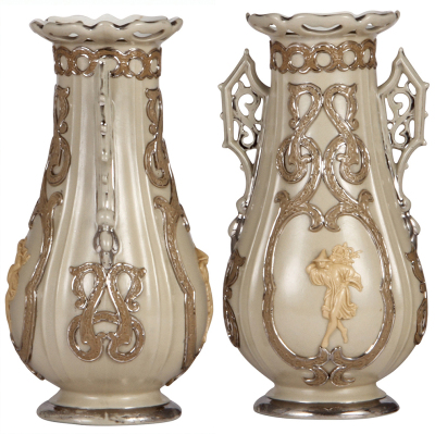 Three Mettlach vases, 6.7" to 9.9" ht., vase, 227, early ware, platinum wear; with, 319, early ware, chip on edge of relief, platinum wear; 319, platinum wear.  - 3