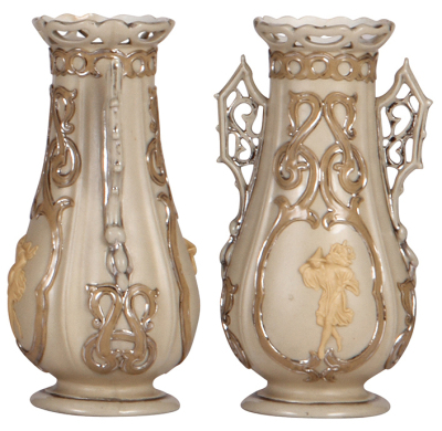 Three Mettlach vases, 6.7" to 9.9" ht., vase, 227, early ware, platinum wear; with, 319, early ware, chip on edge of relief, platinum wear; 319, platinum wear.  - 4