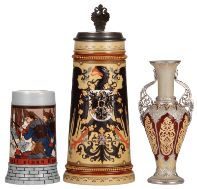Three Mettlach items, stein, .3L, 2833E, etched, signed C.M., no lid, chip, 1" horizontal base hairline; with, stein, 1.0L, 2204, decorated relief, inlaid lid, no inlay, 6" hairline on side; with, vase, 8.0" ht., no number, factory mark, earlyware, platin