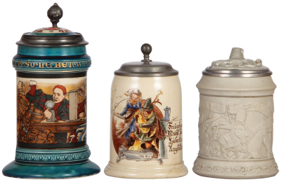 Three Mettlach steins, .5L, 2044, etched, inlaid lid, inlay chip repaired; with, .5L, 622[1855], PUG, pewter lid, cracks & chips, some glued; with, .5L, 328, earlyware, by Ludwig Foltz, inlaid lid, inlay chip, body mint.