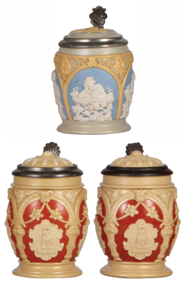 Three Mettlach steins, .25L, 1266, relief, inlaid lid, mint; with, .3L, 2077, relief, inlaid lid, mint; with .3L, 2077, relief, inlaid lid, two chips. 