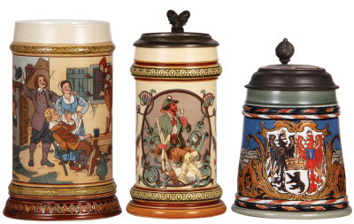 Three Mettlach steins, 1.0L, 2582, etched, by F. Quidenus, no lid, base chip repaired; with, .5L, 580 [1530], inlaid lid, no inlay, body mint; with, .5L, 2024, etched, inlaid lid, inlay & handle breaks, chips. 