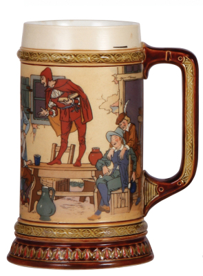 Three Mettlach steins, 1.0L, 2582, etched, by F. Quidenus, no lid, base chip repaired; with, .5L, 580 [1530], inlaid lid, no inlay, body mint; with, .5L, 2024, etched, inlaid lid, inlay & handle breaks, chips.  - 2