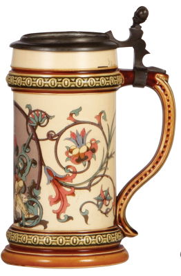 Three Mettlach steins, 1.0L, 2582, etched, by F. Quidenus, no lid, base chip repaired; with, .5L, 580 [1530], inlaid lid, no inlay, body mint; with, .5L, 2024, etched, inlaid lid, inlay & handle breaks, chips.  - 3