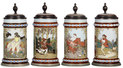 Four Mettlach steins, .5L, The Brothers Grimm, 2901, 2902, 2903, 2904, modern, all have inlaid lids, mint.