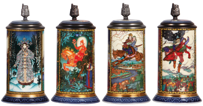 Four Mettlach steins, .5L, Russian Fairy Tales, 1526, 1527, 1528, 1529, modern, all have inlaid lids, mint.