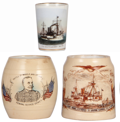 Two mugs & a beaker, transfer & hand-painted, Mettlach, .4L, 2217, Admiral George Dewey, hairline in handle; with, porcelain beaker, 3.2" ht., marked Redington & Co. Waterville, ME, U.S. Battleship Maine, 2" hairline; with, pottery mug, U.S. Battleship Ma