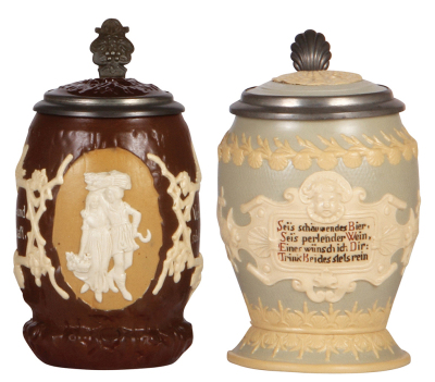 Two Mettlach steins, .5L, 1028, relief, inlaid lid, mint; with, .5L, 1727, relief, inlaid lid, mint.