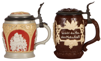 Three Mettlach steins, .5L, 1266, relief, inlaid lid, poorly repaired crack; with, .5L, 1028, relief, inlaid lid, inlay is severely broken; with, .5L, 1005, relief, inlaid lid, chips on inlay. - 2