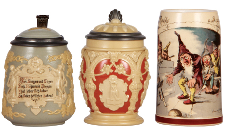 Three Mettlach steins, .5L, 1370, relief, by Hein, inlaid lid; with, .5L, 2077, relief, inlaid lid; with, .5L, 727 [1909], PUG, by H. Schlitt, no lid, all mint.