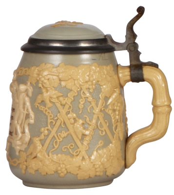 Three Mettlach steins, .5L, 1370, relief, by Hein, inlaid lid; with, .5L, 2077, relief, inlaid lid; with, .5L, 727 [1909], PUG, by H. Schlitt, no lid, all mint. - 2