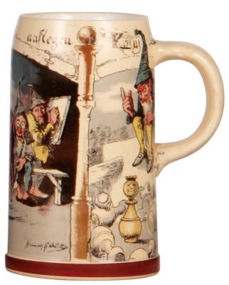 Three Mettlach steins, .5L, 1370, relief, by Hein, inlaid lid; with, .5L, 2077, relief, inlaid lid; with, .5L, 727 [1909], PUG, by H. Schlitt, no lid, all mint. - 3