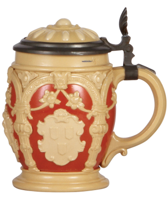 Three Mettlach steins, .5L, 1370, relief, by Hein, inlaid lid; with, .5L, 2077, relief, inlaid lid; with, .5L, 727 [1909], PUG, by H. Schlitt, no lid, all mint. - 4