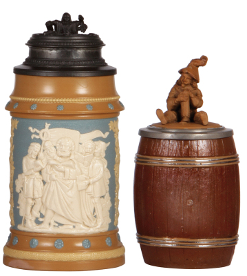 Two Mettlach steins, 1.0L, 202, relief, pewter lid marked Pauson München, small base chips; with, .5L, 675, earlyware, figural inlaid lid, inlay damage. 