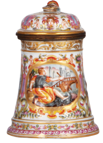 Porcelain stein, .5L, 5.8'' ht., hand-painted relief, Capo-Di-Monte, marked N with crown, porcelain lid missing finial, otherwise mint.