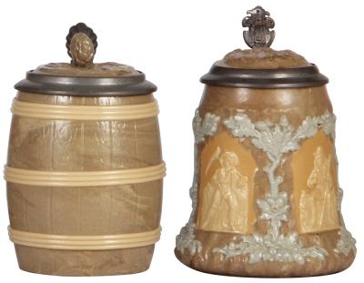 Two Mettlach steins, .5L, 675, Character, Barrel, inlaid lid, mint; with, .5L, 1467, relief, inlaid lid, mint.