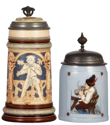 Two Mettlach steins, .5L, 2131, relief, inlaid lid, mint; with, .5L, 1646, etched, pewter lid, base chip, pewter dent.