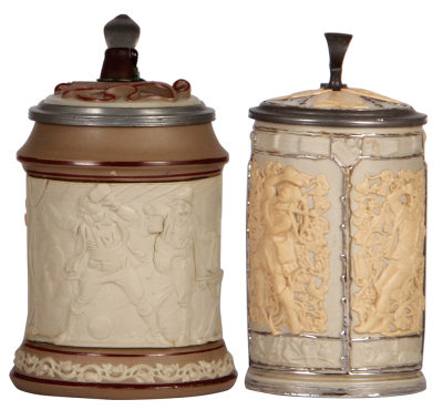 Two Mettlach steins, .5L, 328, earlyware, by Ludwig Foltz, inlaid lid, small chip; with, .5L, 24, earlyware, inlaid lid, shallow base chip.