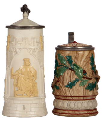 Two Mettlach steins, .5L, 32, earlyware, inlaid lid, mint; with, .5L, 368, earlyware, inlaid lid, mint.