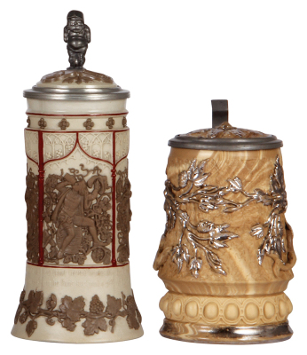 Two Mettlach steins, .5L, 228, earlyware, inlaid lid, excellent pewter repair, small base flake; with, .5L, 368, earlyware, inlaid lid, platinum wear, otherwise mint.