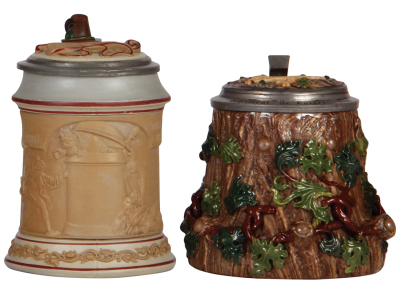 Two Mettlach steins, .5L, 328, earlyware, by Ludwig Foltz, inlaid lid, hairlines repaired, interior paint flaking; with, .5L, 216, earlyware, inlaid lid, relief chip. 