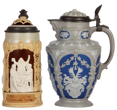 Two Mettlach steins, 1.0L, 1005, relief, inlaid lid, mint; with, 1.8L, 10.8" ht., 2076, relief, by M. Hein, inlaid lid, mint. 