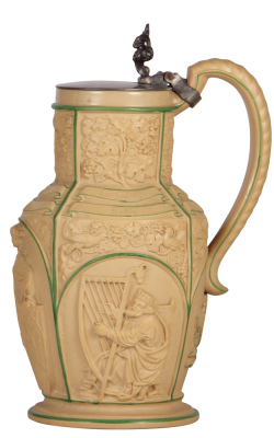 Mettlach stein, 1.5L, 11.1" ht., 6, earlyware, by Ludwig Foltz, pewter lid, excellent detail, mint.