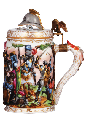 Porcelain stein, 1.0L, 8.7'' ht., hand-painted relief, Capo-Di-Monte, marked N with crown, finial poorly repaired. - 2
