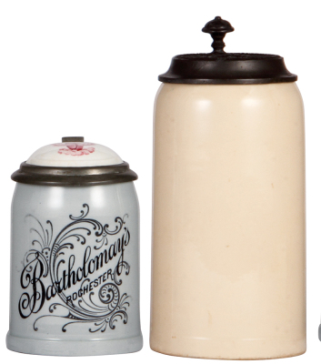 Two Mettlach steins, .4L, 1909, PUG, Bartholomay's Rochester N.Y., inlaid lid, interior browning, otherwise mint; with, 1.0L, 1526, PUG, blank, pewter lid: Löwenbräu-Keller München, pewter strap repair.