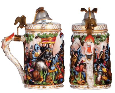 Porcelain stein, 1.0L, 8.7'' ht., hand-painted relief, Capo-Di-Monte, marked N with crown, finial poorly repaired. - 3