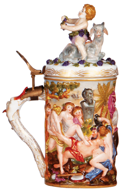 Porcelain stein, 1.0L, 10.7'' ht., hand-painted relief, Capo-di-Monte, marked N with crown, porcelain lid, later thumblift, otherwise mint.