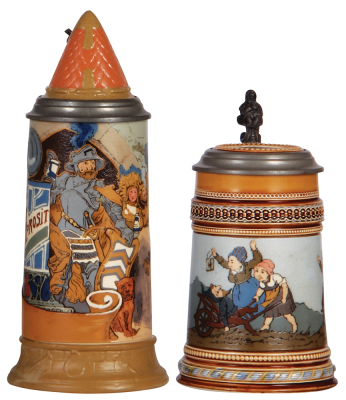 Two Mettlach steins, .5L, 2580, etched, by H. Schlitt, inlaid lid, good base chip repair on side; with, .5L, 1480, etched, inlaid lid, poor base chip repair on side. 