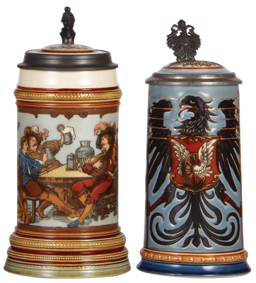 Two Mettlach steins, .5L, 2231, etched, inlaid lid, large base version, hairline in rear partially repaired; with, .5L, 2075, etched, inlaid lid, handle break glued. 